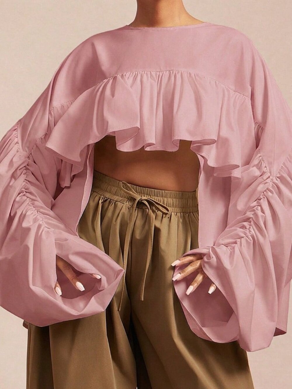 Dusty Pink Casual Women's Woven Ruched Hi Low Hem Ruffle Top, Bold Cropped Top - Picture 3 of 5